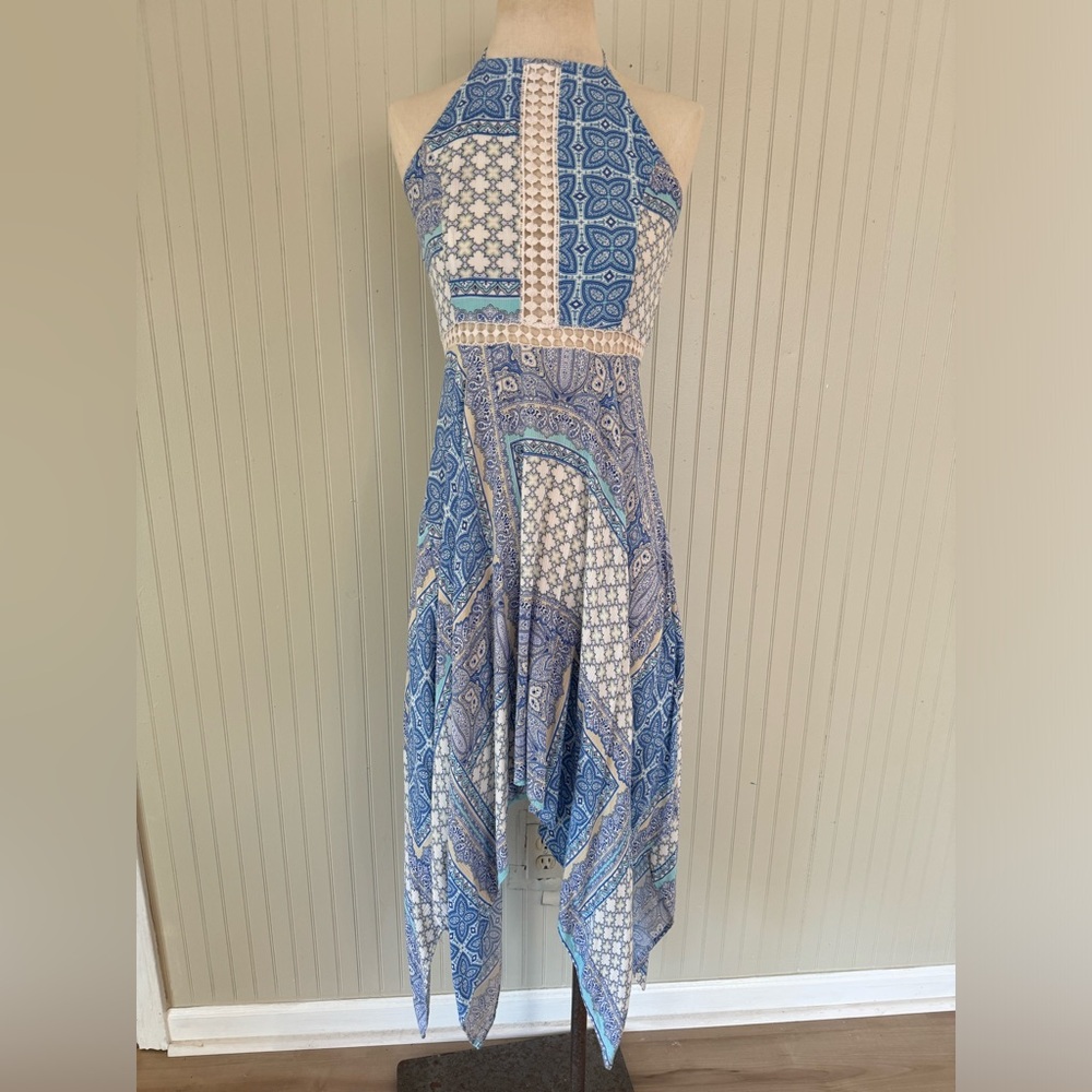 Blue and White Shark-bite Hem Halter Neck Dress